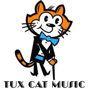 A cartoon image of an orange cat wearing a tuxedo and holding a fancy walking stick. The title Tux Cat Music appears below the image.