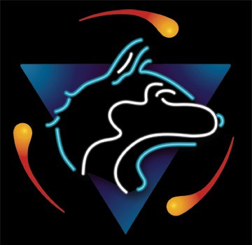 A Husky dog head outline in neon on a blue triangle with 3 orange comets rotating around it